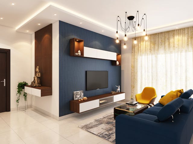 living room with a blue couch and a television